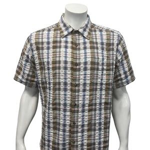 Mountain Khakis White Brown Blue Plaid Ribbed Short Sleeve Outdoors Hiking Shirt